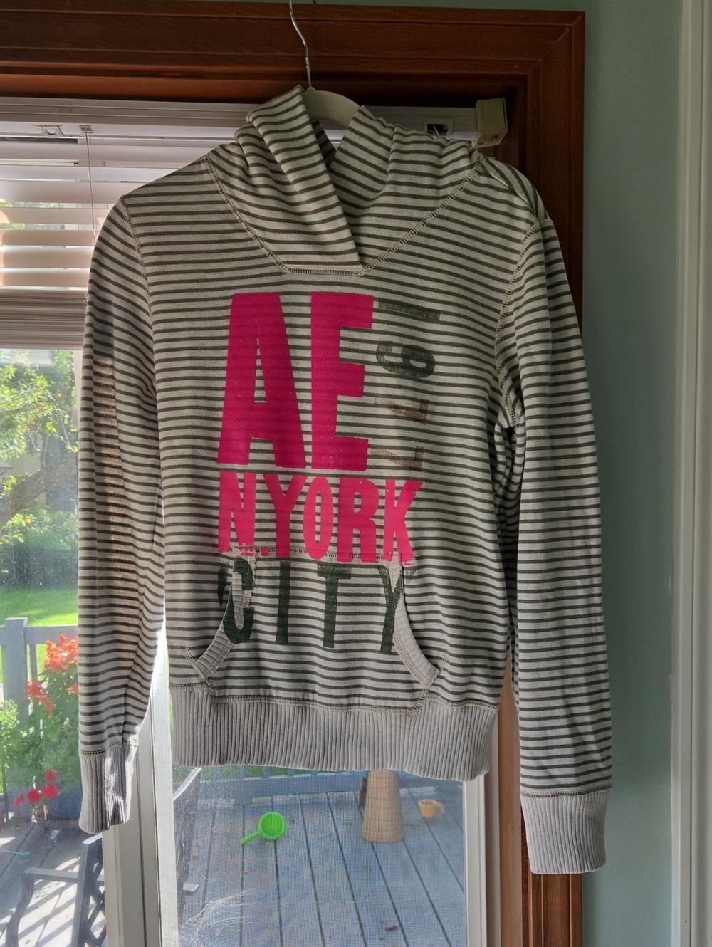 American Eagle New York City Olive Striped Hoodie with Pink Logo